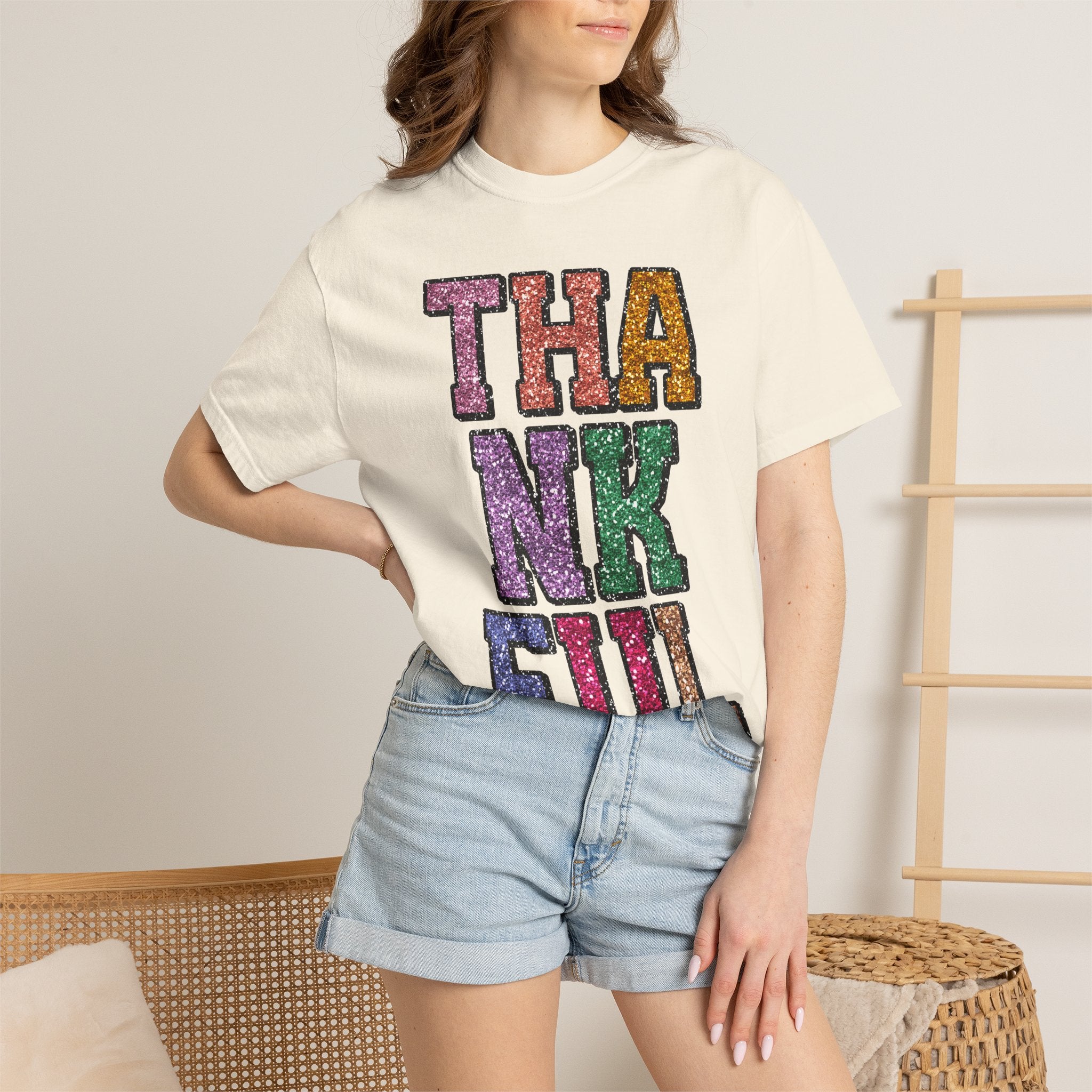 Thankful Glitter Block Tee - Colorful Thanksgiving Gratitude T-Shirt