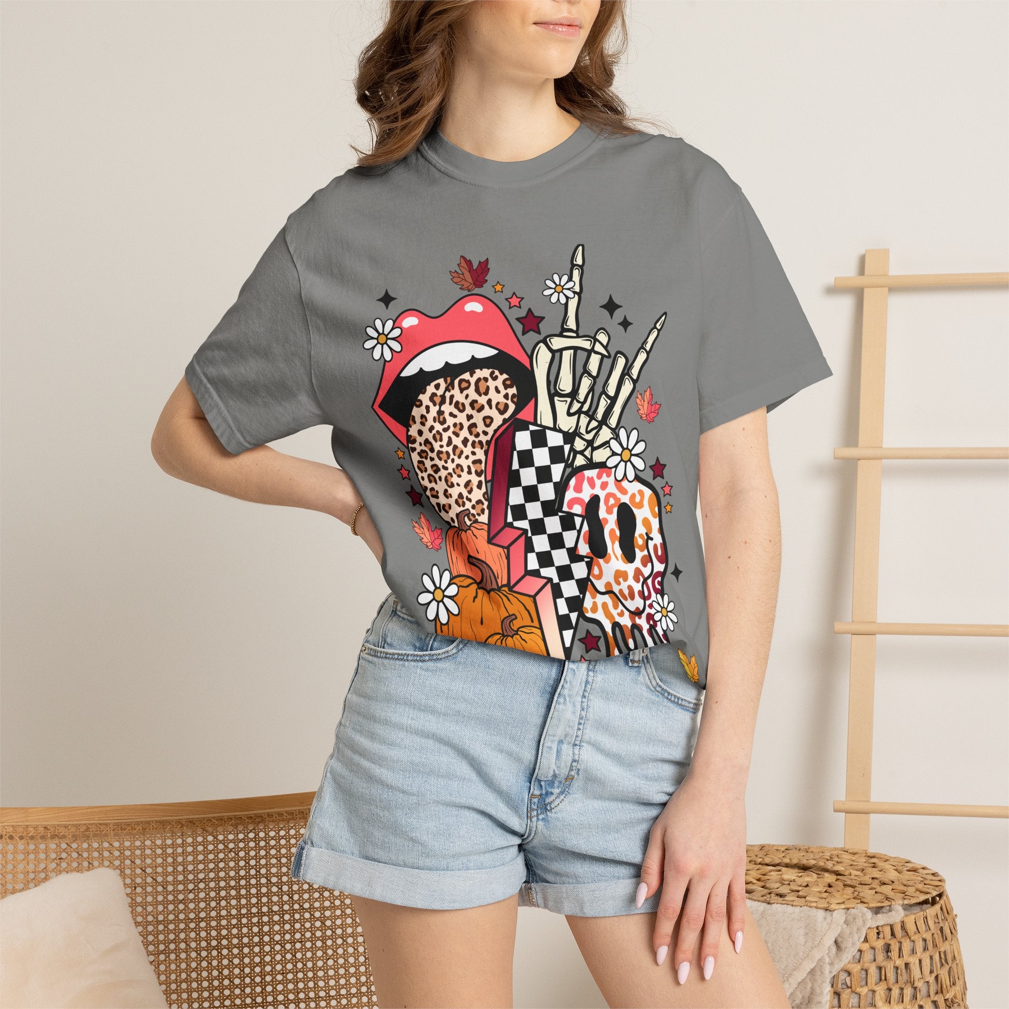 Graphic T-Shirt — Retro Halloween Collage (pumpkin, melting skull, checkerboard, leopard tongue)