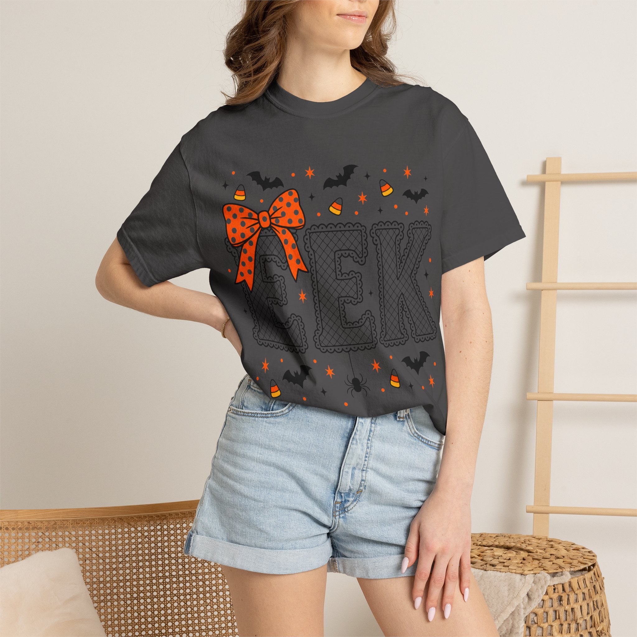 Halloween "EEK" T-Shirt with Orange Bow & Candy Corn Design
