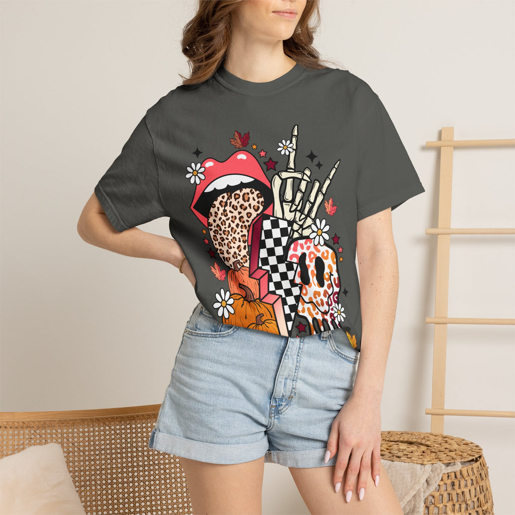 Graphic T-Shirt — Retro Halloween Collage (pumpkin, melting skull, checkerboard, leopard tongue)